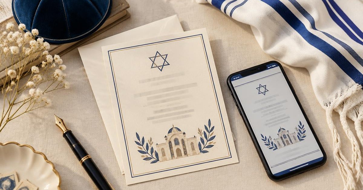 הזמנה לבר מצווה על נייר שמנת לצד טלית, עט וטלפון עם הזמנה דיגיטלית
