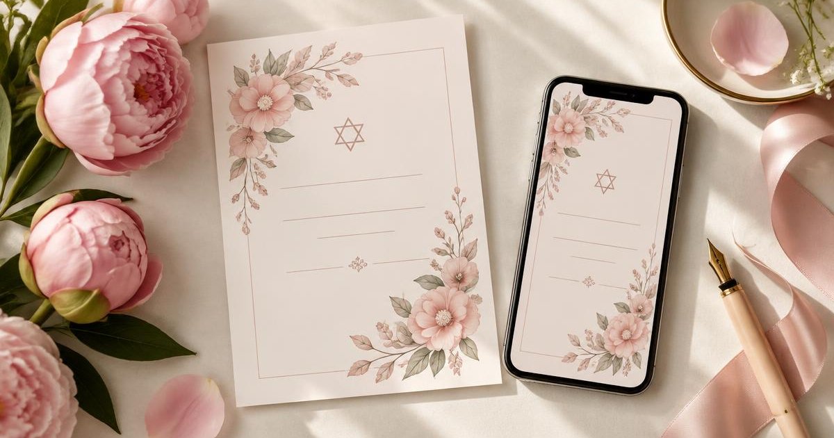 הזמנה לבת מצווה על נייר שמנת לצד פרחים ורודים, סרט סאטן וטלפון עם הזמנה דיגיטלית