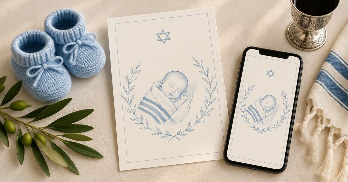 הזמנה לברית על נייר שמנת לצד נעלי תינוק תכולות, ענף זית וטלפון עם הזמנה דיגיטלית