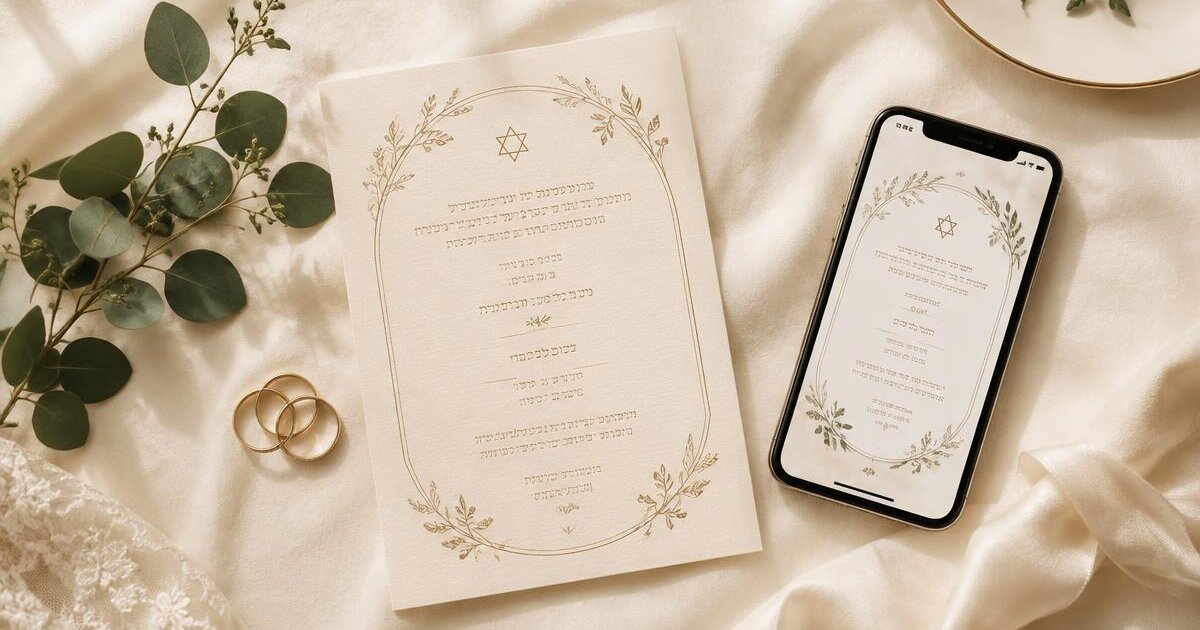 הזמנה לחתונה על נייר שמנת לצד טבעות, ענף אקליפטוס וטלפון עם הזמנה דיגיטלית